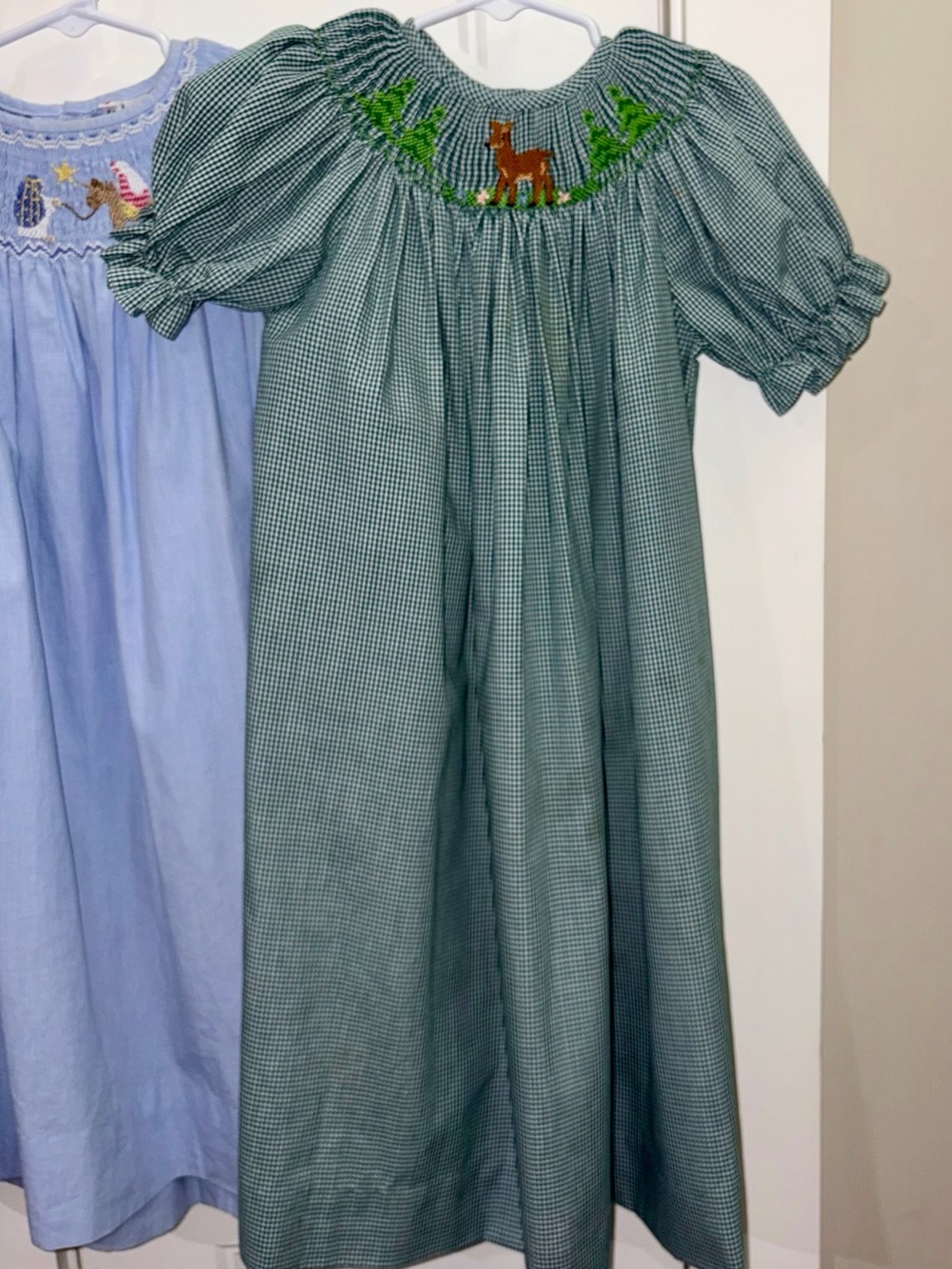Southern Sunshine Kids - Green Gingham Smocked Dress with Deer Motif